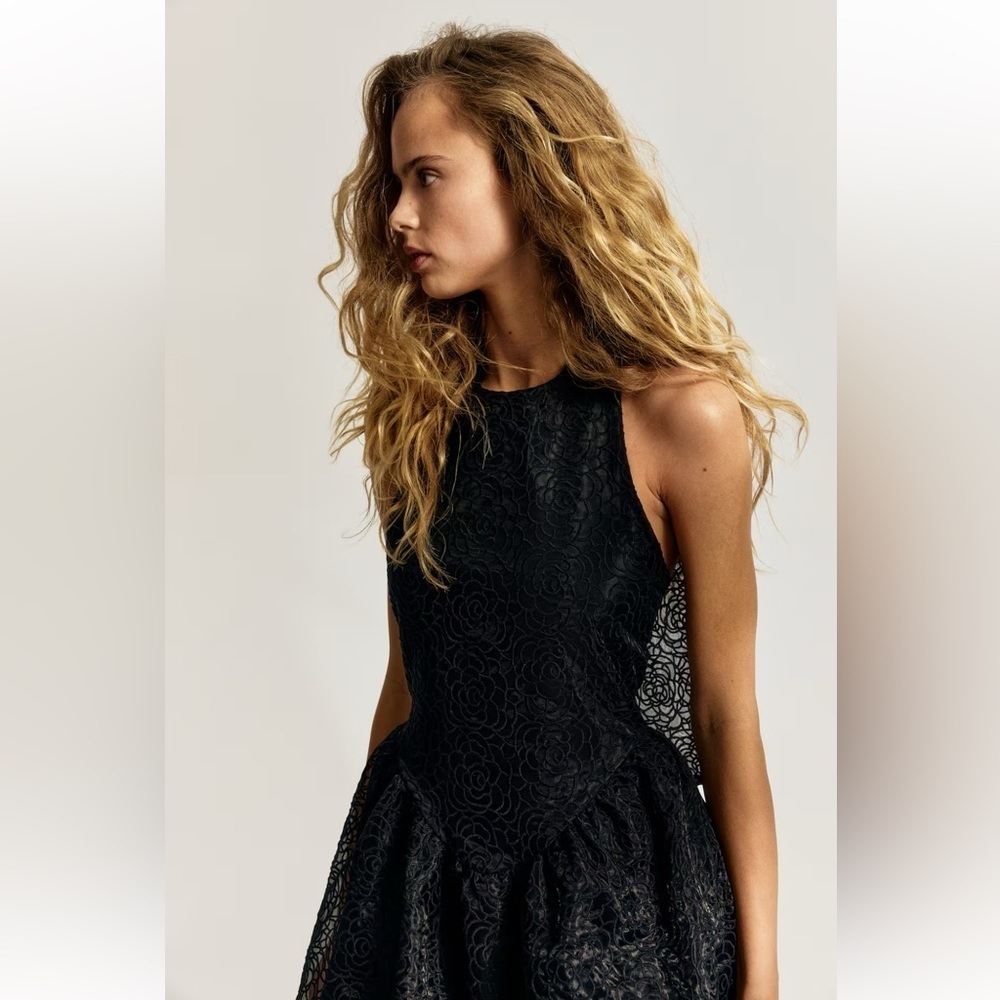 H&M EMBROIDERED HALTERNECK BLACK TEXTURED MINI DRESS - Picture 2 of 10
